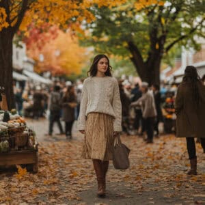 Woman wearing cool beige oversize sweater over warm tan skirt walking through downtown