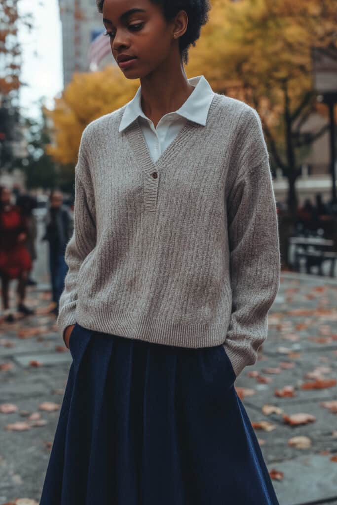 Woman wearing off white button up under neutral beige v-neck sweater over navy blue skirt