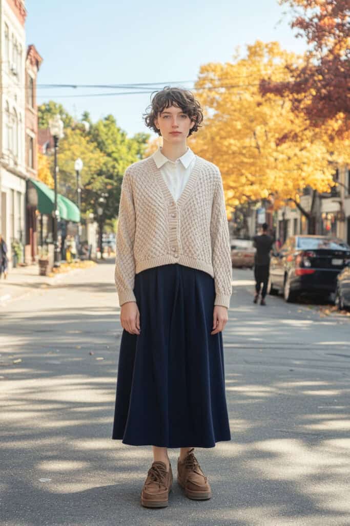 Woman with short hair and neutral expression wearing button up shirt under untucked warm tan cardigan over long navy blue skirt