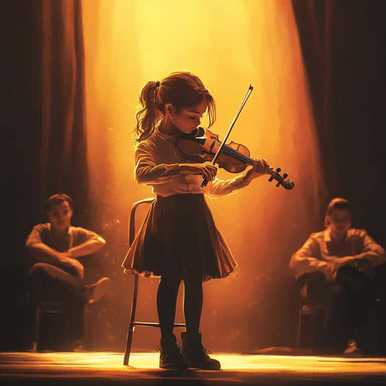 Young girl playing violin at recital