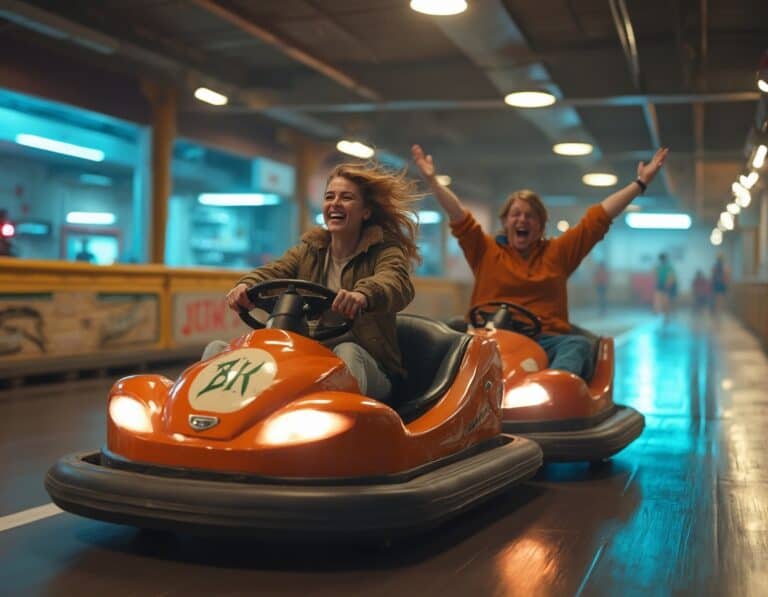 2 Friends excitedly racing bumper cars