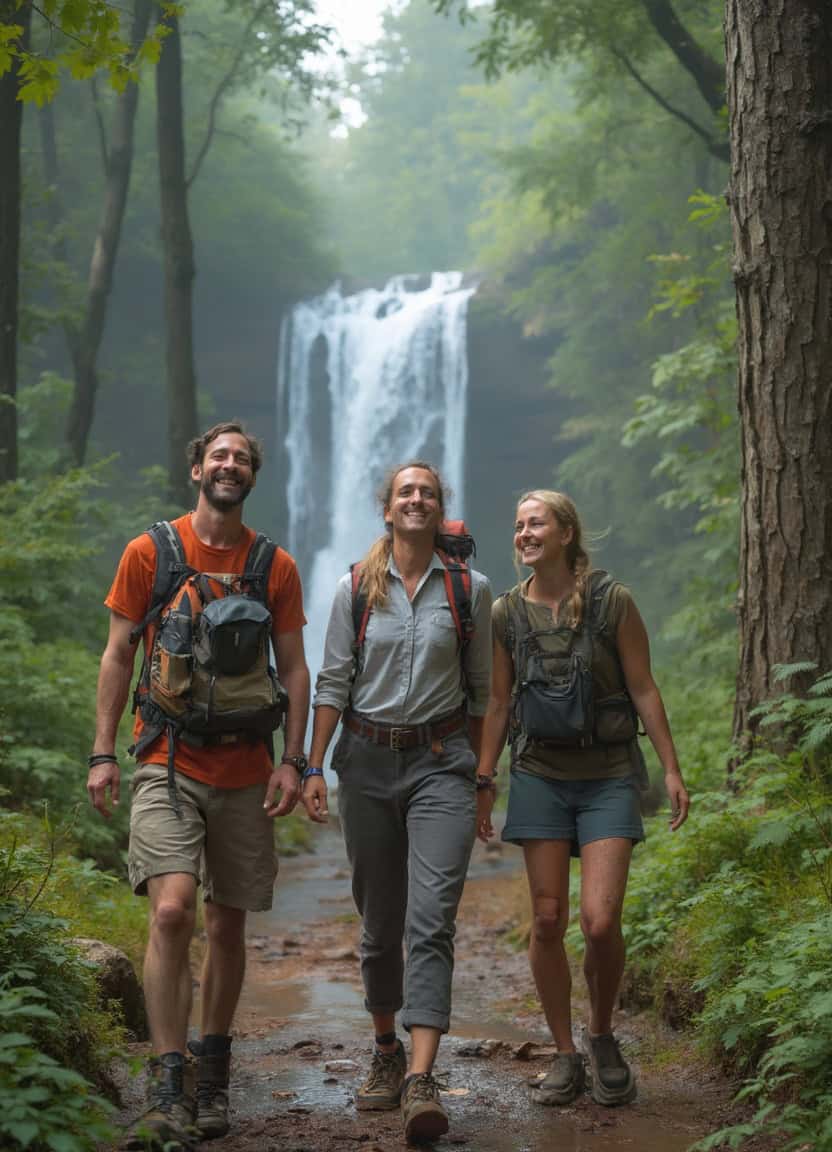 3 Friends hiking forest path waterfall shared experience