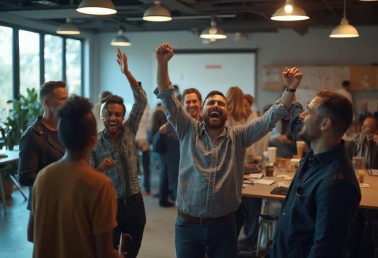 Coworkers celebrating a project victory together at the office