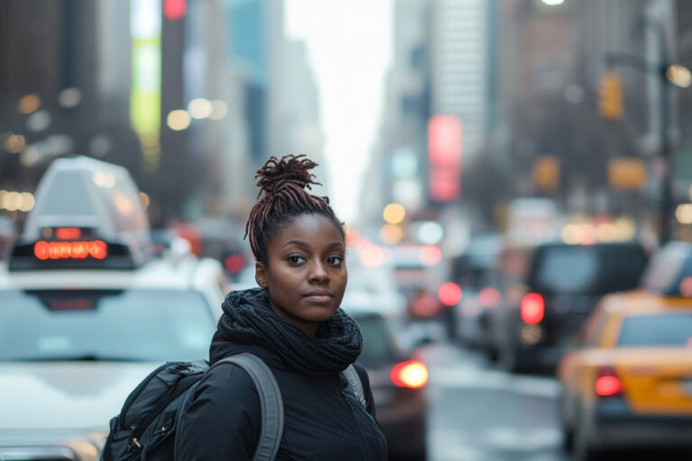 Determined woman standing tall navigating chaotic city street