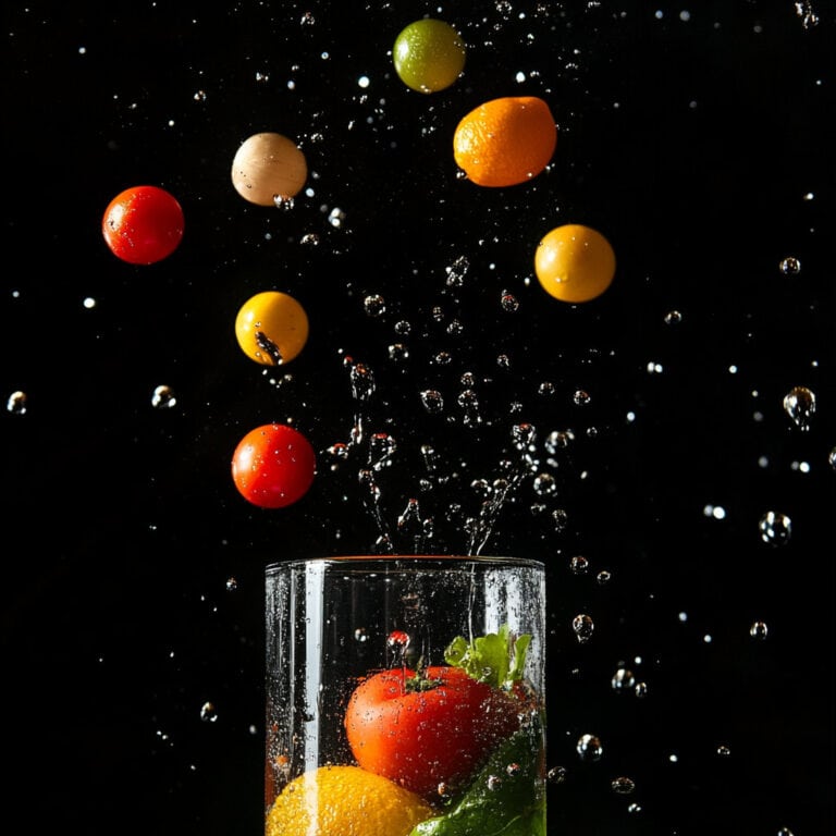 Drinking glass fruits falling inside water splashing