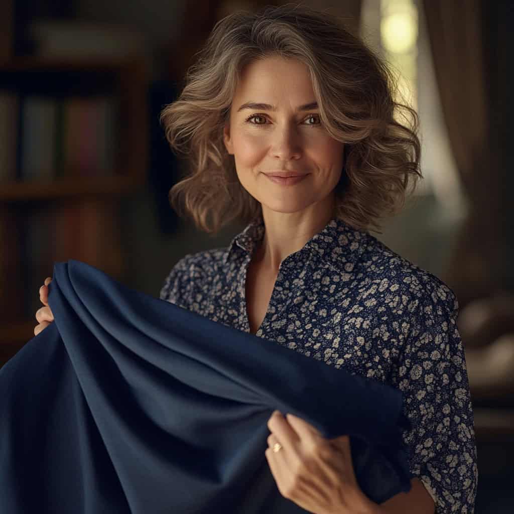 Smiling woman holding stiff cotton material