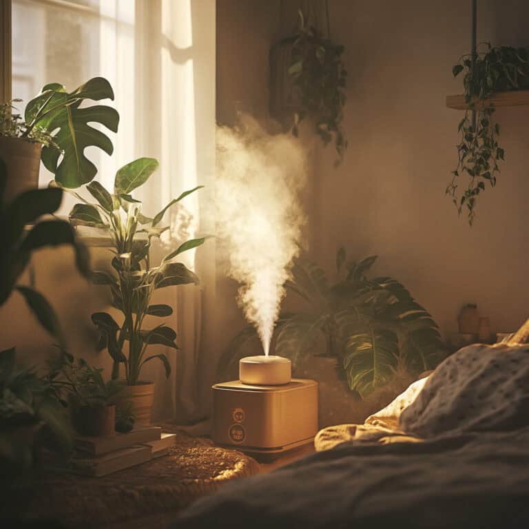 Humidifier amongst tropical plants near sunny window on bedroom floor