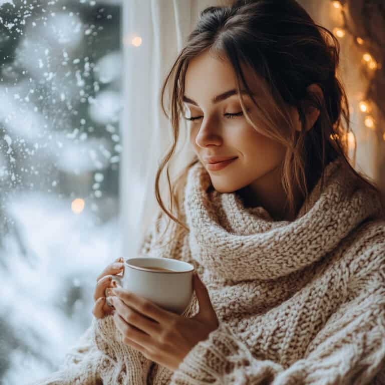 Smiling woman with smooth skin drinking tea in winter