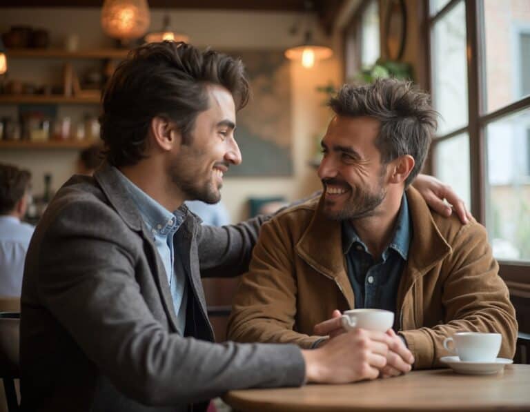 2 men happily enjoying coffee together