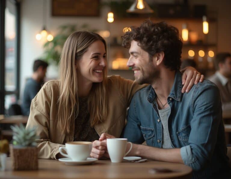 Woman and man smiling while enjoying coffee together in cafe setting