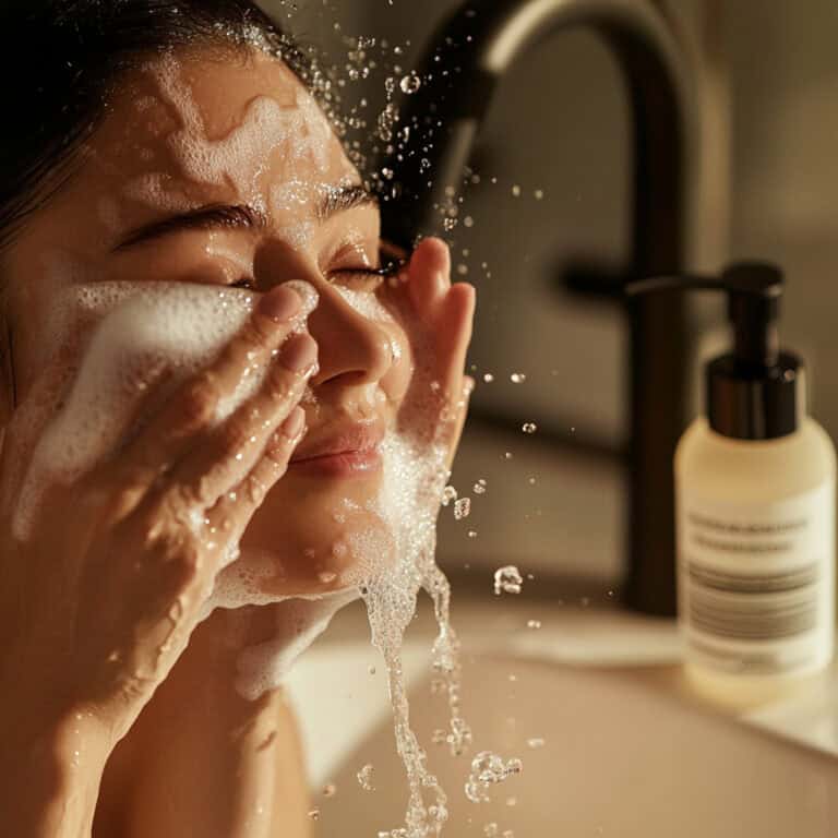 Woman splashing water cleansing face