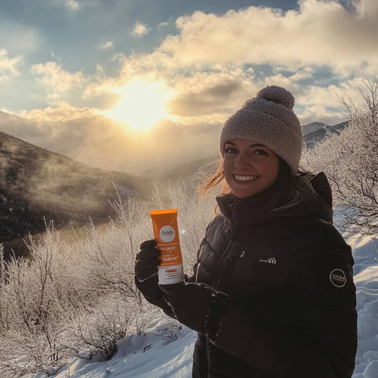 Woman in wintery mountains wearing coat, gloves, hat and holding tube of sunscreen