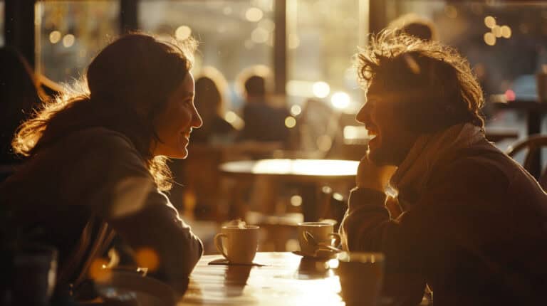 Woman and man laughing over coffee in a cafe setting