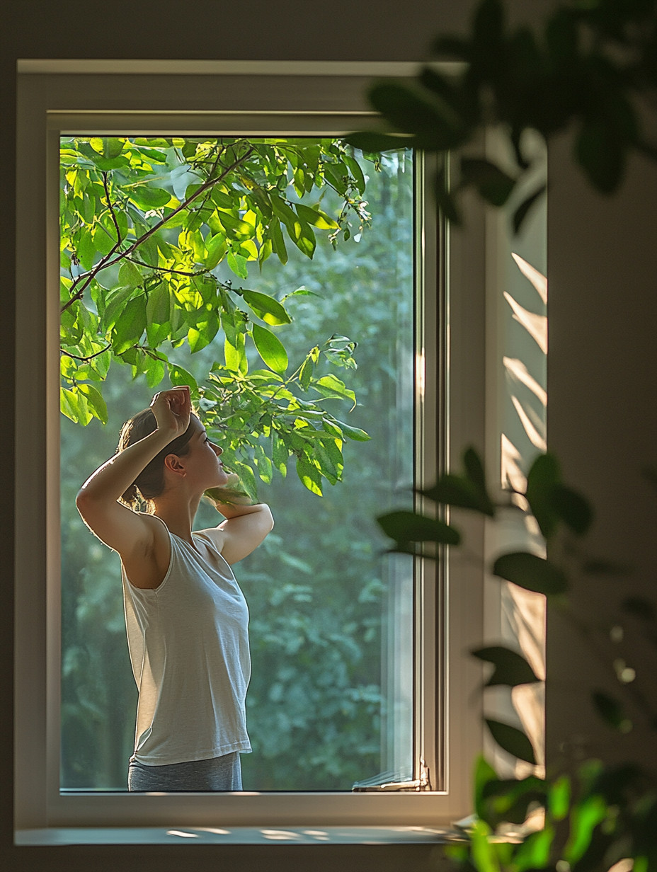 Woman outside window stretching in the morning