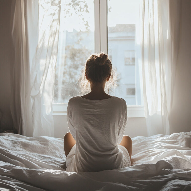 Woman sitting on bed in bedroom amidst morning light feeling overwhelmed by the day