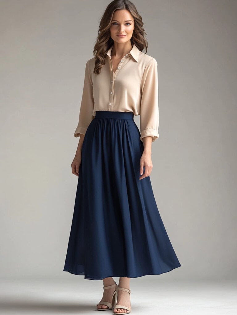 Woman wearing blue cotton skirt with neutral top