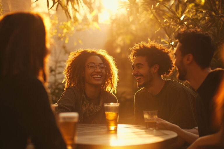 Friends sitting around table at sunset laughing and sharing connection