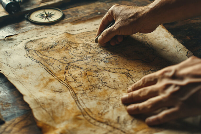 Hands plotting a course on a well-worn map