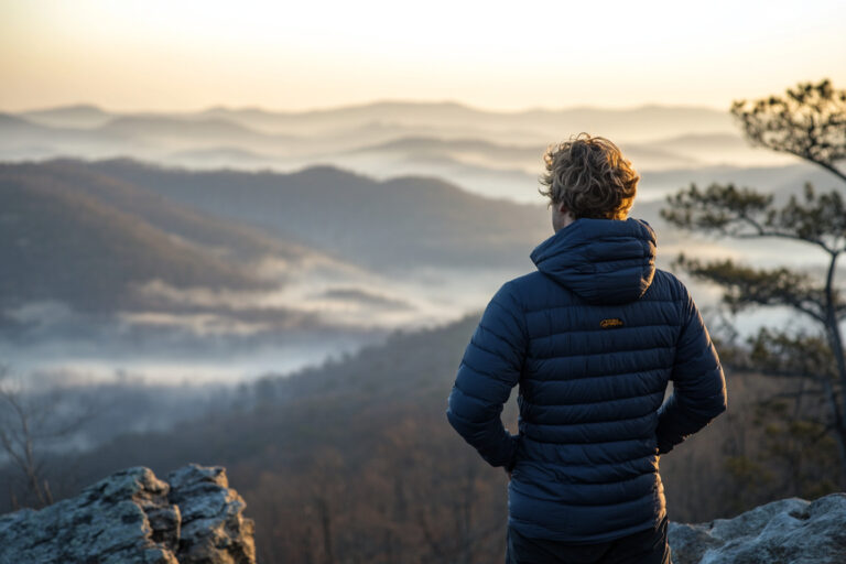 Person atanding at rocky overlook at dawn thoughtfully embracing the future