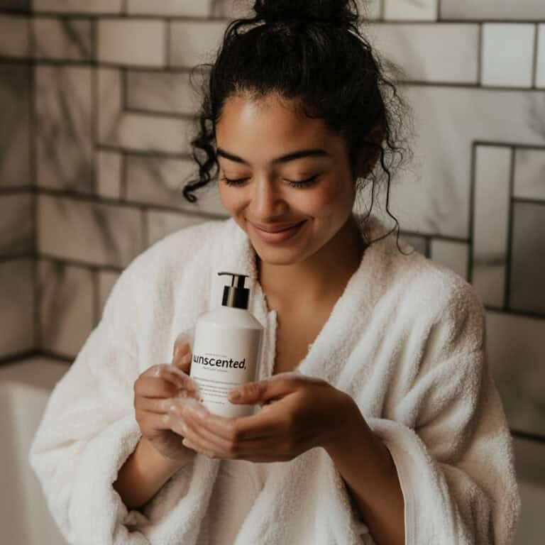 Woman in bathroom smiling while using unscented products